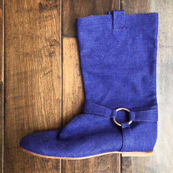 Vintage Inspired Purple Linen Harness Boots - Picture 2 of 3